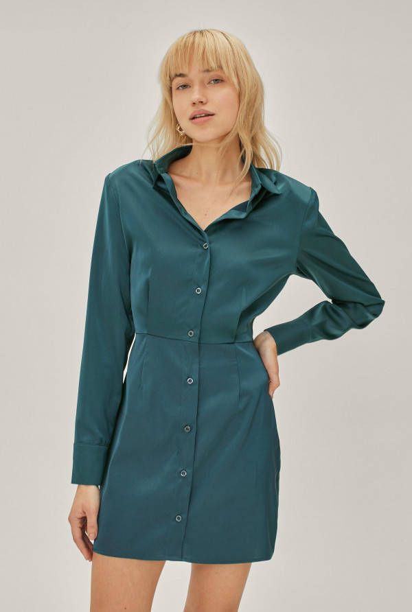 boohoo Satijnen Mini Blouse Jurk Met Grote Schouders, Dark Green