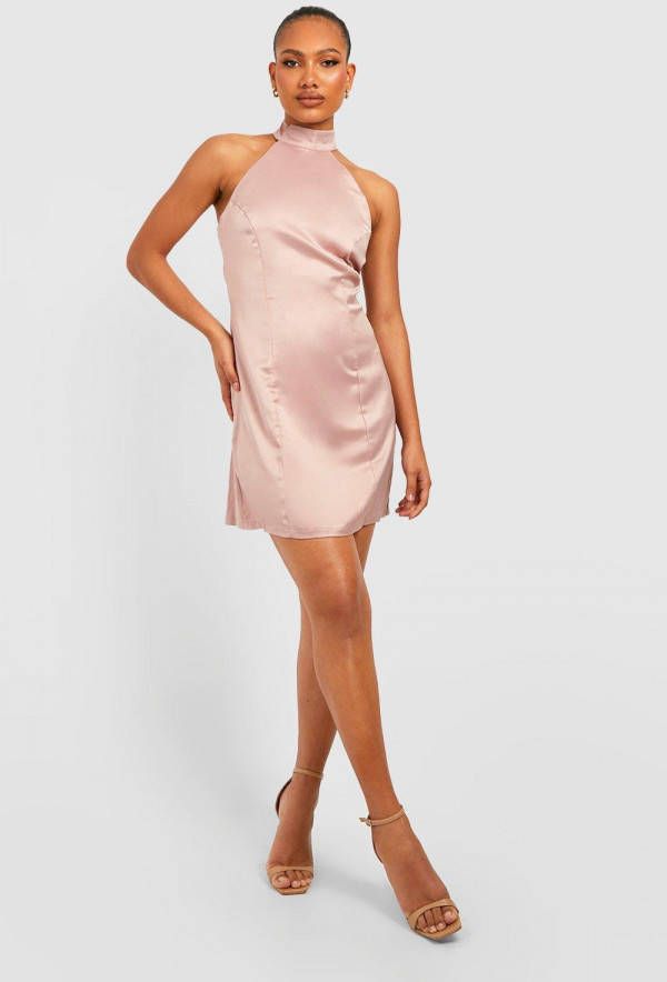 boohoo Satijnen Mini Jurk Met Ketting Detail, Mocha