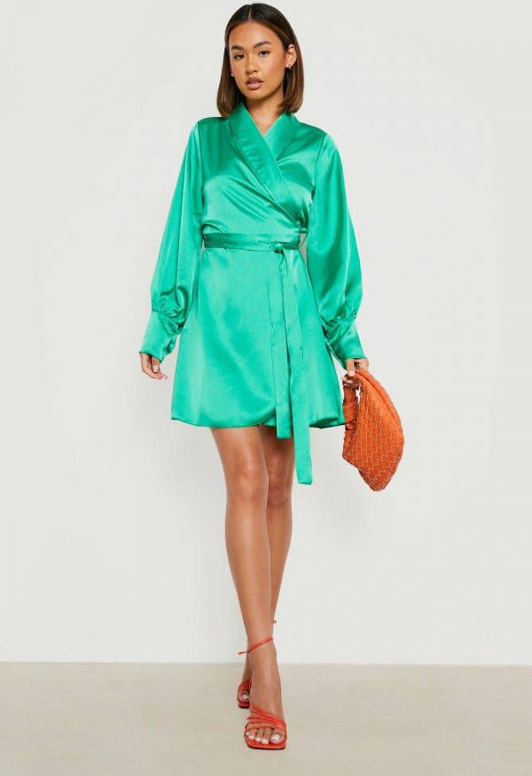 boohoo Satijnen Mini Wikkel Jurk Met Ruches, Bright Green