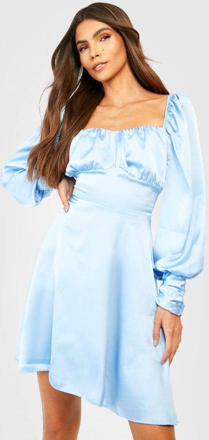 boohoo Satijnen Skater Jurk Met Geplooide Buste, Dusty Blue