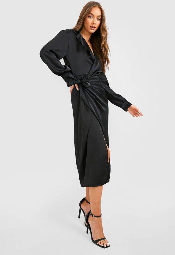 boohoo Satijnen Wikkel Blouse Jurk Met Mouwsplit, Black