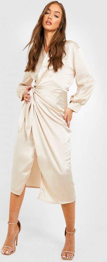 boohoo Satijnen Wikkel Blouse Jurk Met Mouwsplit, Champagne