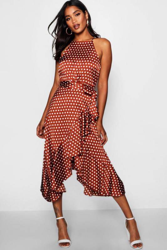 boohoo Satijnen Midi Jurk Met Stippen En Franjes, Terracotta