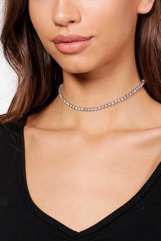 boohoo Dunne Choker Ketting Met Steentjes, Zilver