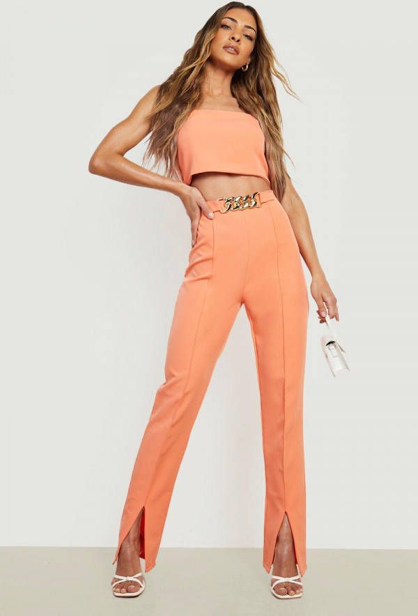 boohoo Slim Fit Broek Met Ketting Detail En Split, Peach