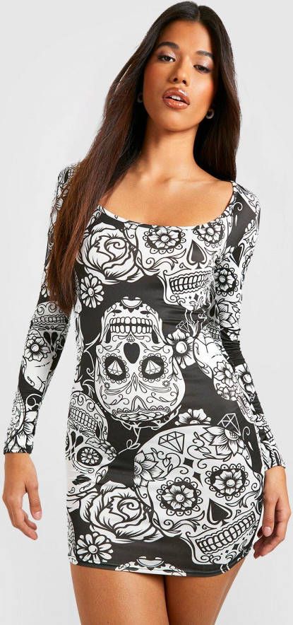 boohoo Strakke Halloween Skelet Mini Jurk, Multi