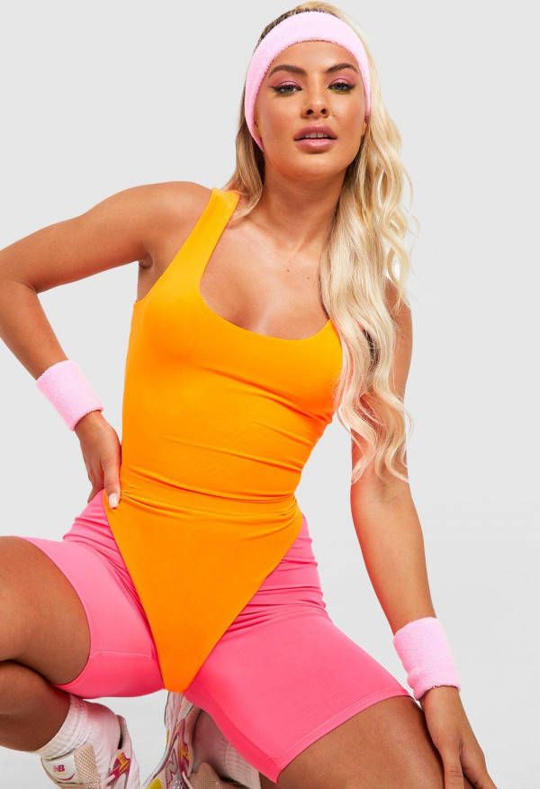 boohoo Strakke Retro 80'S Halloween One Piece Met Dubbele Lagen, Neon Orange