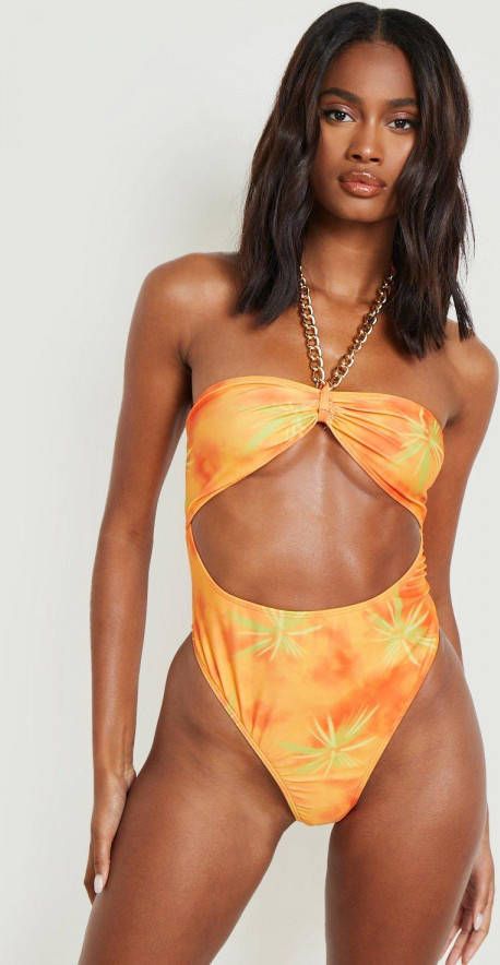 boohoo Tie Dye Cut Out Badpak Met Ketting Detail, Orange
