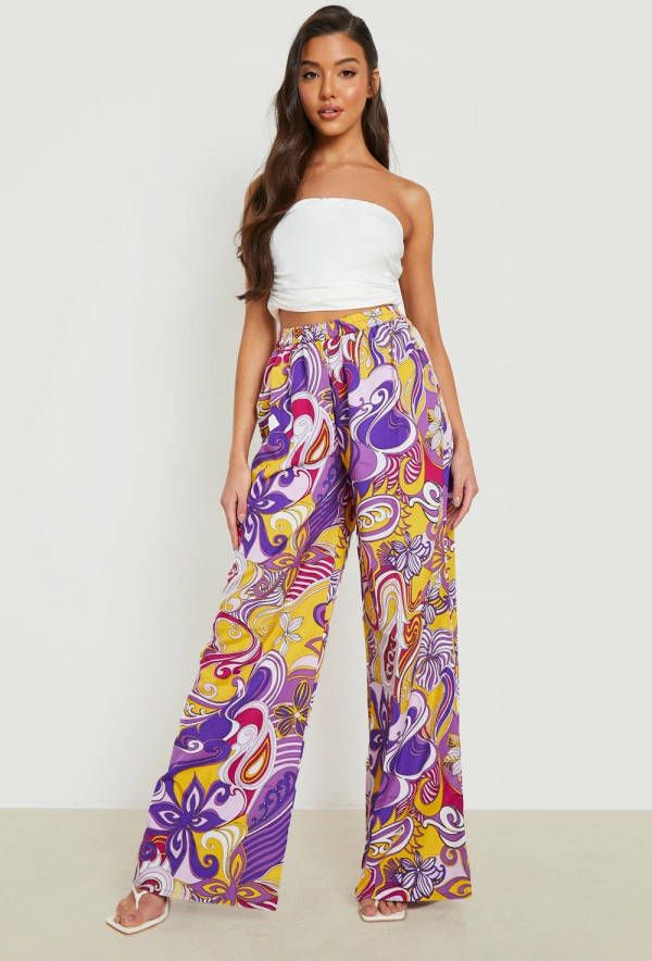 boohoo Wide Leg Broek Met Print, Purple