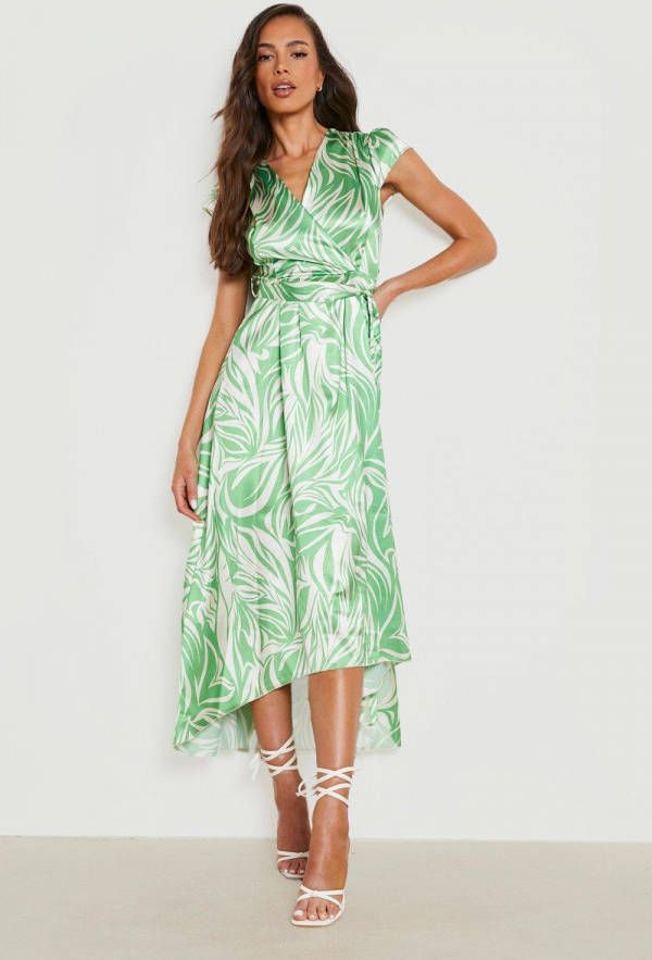 boohoo Zebraprint Midaxi Jurk Met Kapmouwen En Ceintuur, Green