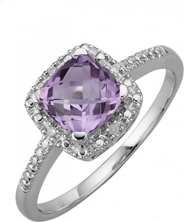 KLiNGEL Damesring van echt zilver met amethist en diamanten Zilverkleur