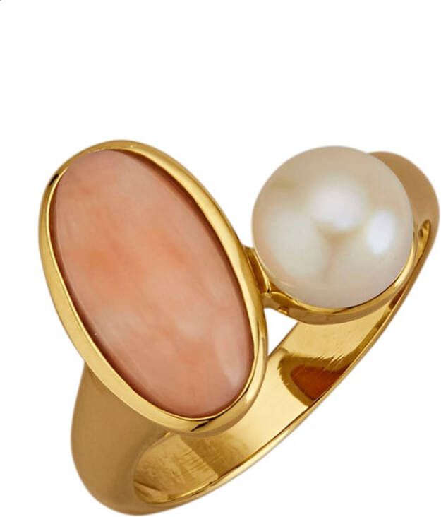 Diemer Farbstein Damesring met diepzeekoraal en cultivé zoetwaterparels Oranje/Wit