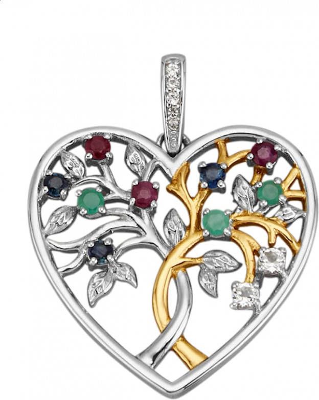 Diemer Farbstein Hanger Levensboom 14 kt. wit en geelgoud Multicolor