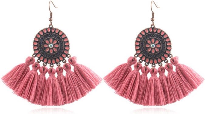 Deja Jewels Bohemian Ibiza oorbellen hangers met katoenen kwastjes kleur donkerroze