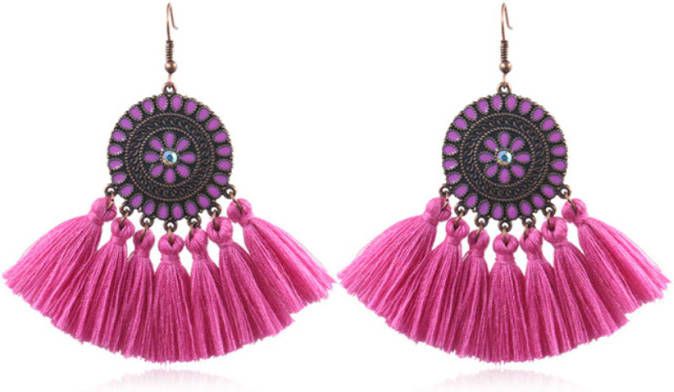 Deja Jewels Bohemian Ibiza oorbellen hangers met katoenen kwastjes kleur paars