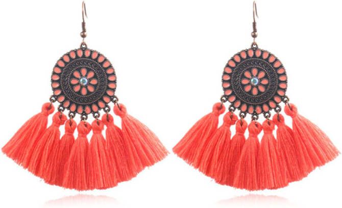 Deja Jewels Bohemian Ibiza oorbellen hangers met katoenen kwastjes kleur roze
