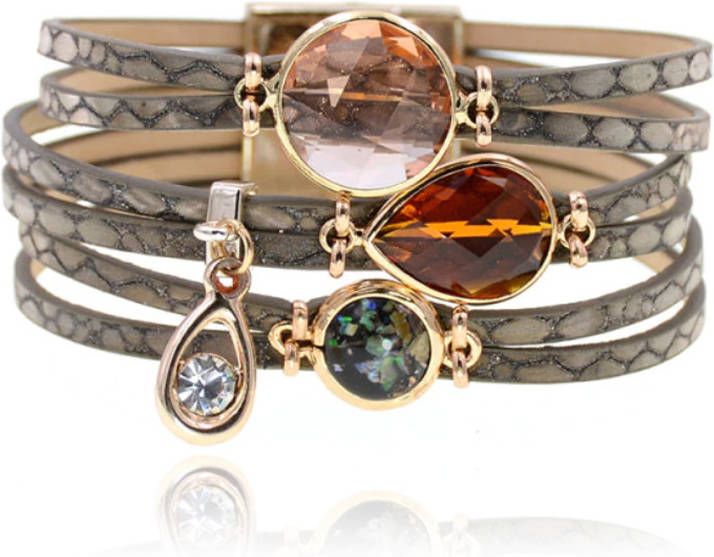Deja Jewels Bruine goudkleurige leren multilayer Boho dames armband met bedels en glassteen