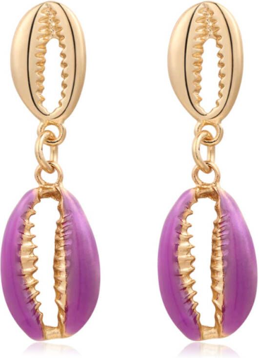 Deja Jewels Goudkleurige dames oorbellen hangers met dubbele paarse schelpjes