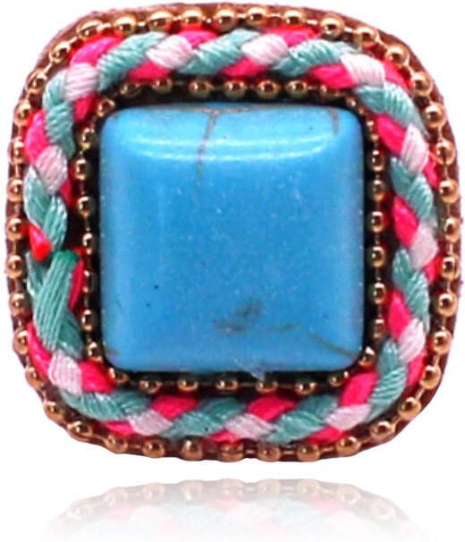 Deja Jewels Handgemaakte verstelbare vierkante multicolor ring van leer met touw en turkoois