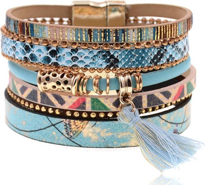 Deja Jewels Leren multicolor blauwe Bohemian dames armband met bedel en kwastje