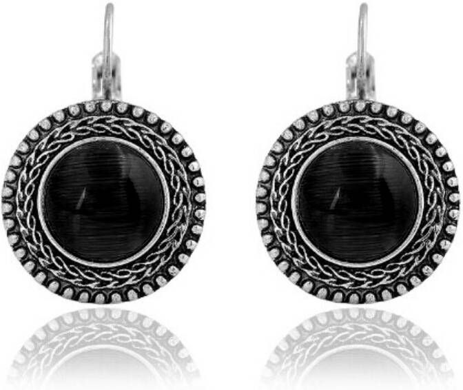 Deja Jewels Ronde zilver dames oorbellen oorhangers met zwarte opaal