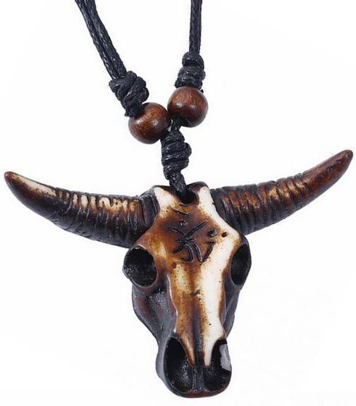 LGT JWLS Tribal Buffalo schedel kettinghanger met Touwketting