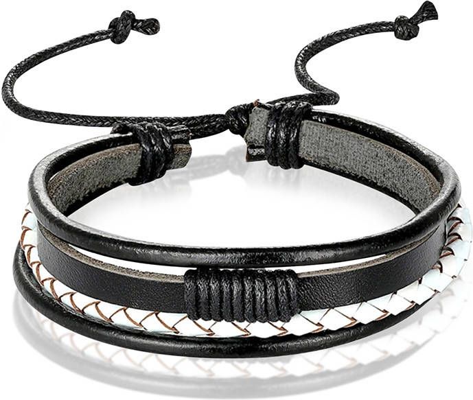 LGT JWLS Heren armband Leer Zwart Wit Verstelbaar Touw Multi armband