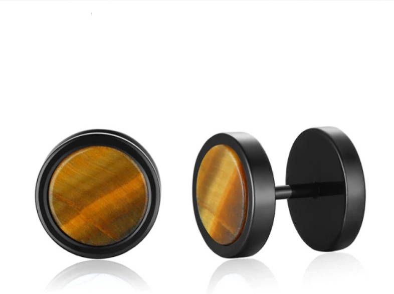 Mendes Heren oorbellen Zwart Edelstaal Tiger Eye