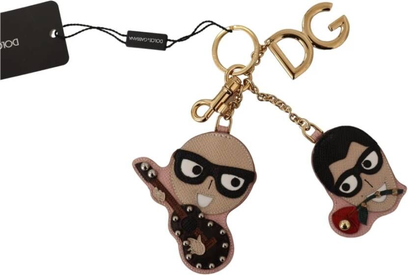Dolce & Gabbana Dg beige lederen goudkleurige mannen bezaaid sleutelhange sleutelhanger , Beige, Heren