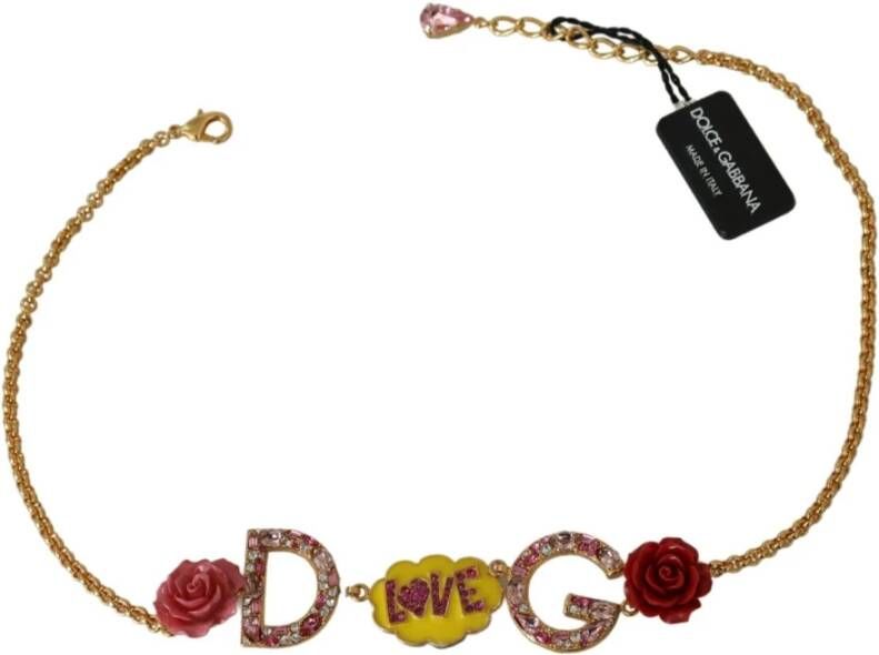 Dolce & Gabbana Chain Crystal Heart Roses Statement Necklace , Rood, Dames