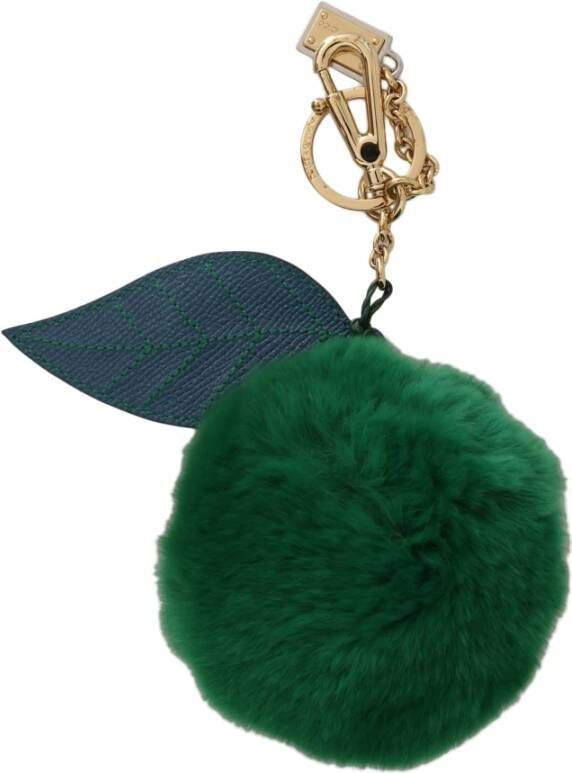 Dolce & Gabbana DG Green Leather Fur Gold Clasp Keyring Women Keychain , Groen, Dames