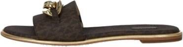 Michael Kors Michaelkors 40R2Scfa1B lederen slippers met all over gedrukt logo en bruine gouden ketting , Bruin, Dames