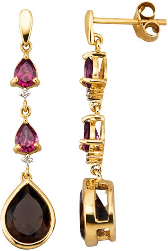 KLiNGEL Oorbellen met 2 rookkwartsen, 4 rodolieten en 4 diamanten Bruin