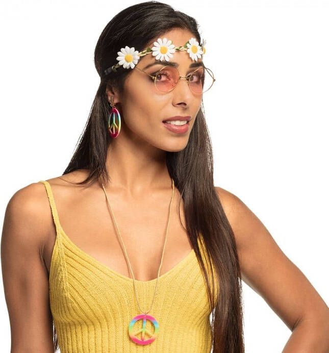 Confetti Set hippie de luxe(hoofdband, partybril, oorbellen en ketting )