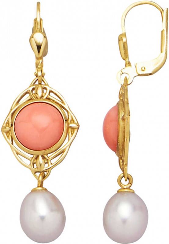 Diemer Farbstein Oorbellen met diepzeekoraal en cultivé zoetwaterparels Oranje