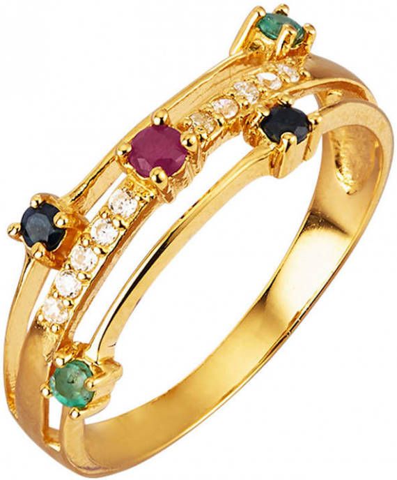 KLiNGEL Damesring met robijn, saffieren en smaragden Goudkleur