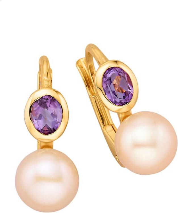 KLiNGEL Oorbellen met amethist en cultivé zoetwaterparel Goudkleur